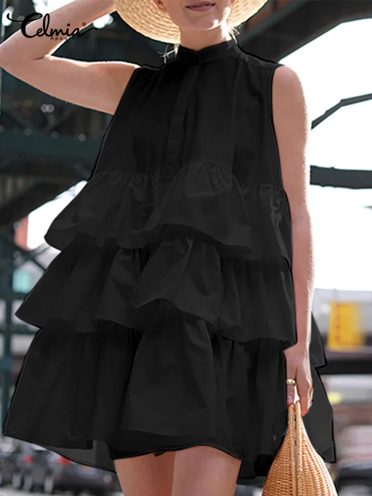 

Женский сарафан с воланом и воротником-стойкой, на пуговицах