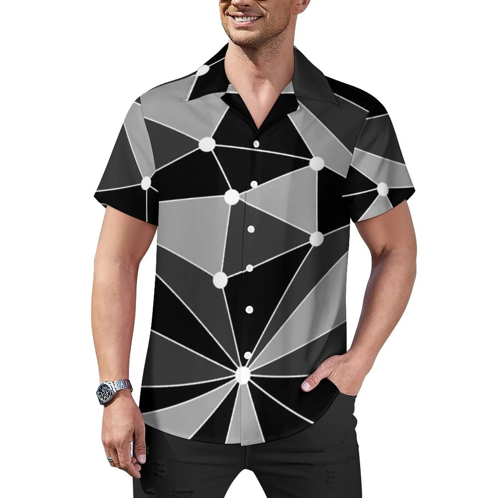 

Summer Geometric 3D Printing Shirts Men Fashion Turn-down Collar Buttoned Shirt Casual Short Sleeve Cardigan Streetwear