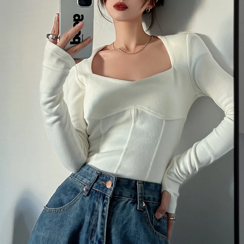 

Футболка женская короткая с квадратным вырезом, облегающая нижняя рубашка с длинным рукавом, пикантный дизайн, нишевые топы, весна