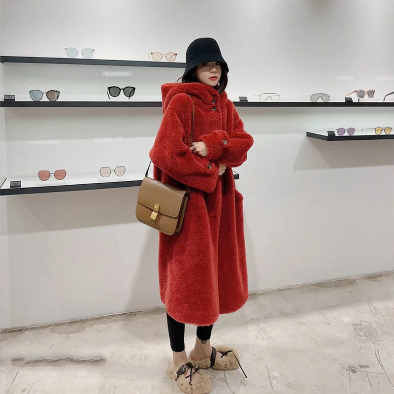 

100% Lambs Wool Fur Coat Women 2022 Winter Thickened With Cap Knee-length Lamb Fur Jacket Particle Velvet Fur Fashion Warm Coats
