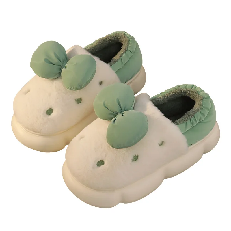 2022 Winter Cotton Flip Flops Women Home Indoor Slides For Fluffy Hairy Fur Cute Bowknot Soft Thick Slippers Funny Shoes Female