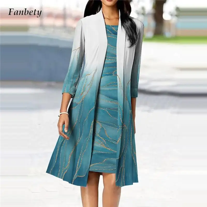 

Elegant Sleeveless Midi Dress and Cardigan Coats Fashion Gradient Printed Loose Skirts Outfits Women Casual Half Sleeve Outfits