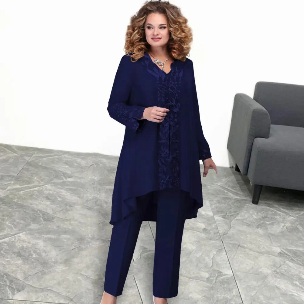 

Fashionable Women's Summer Suit Embroidered V-neck 3-piece Set Irregular Long Shirt Pants Casual Outfit for Plus Size