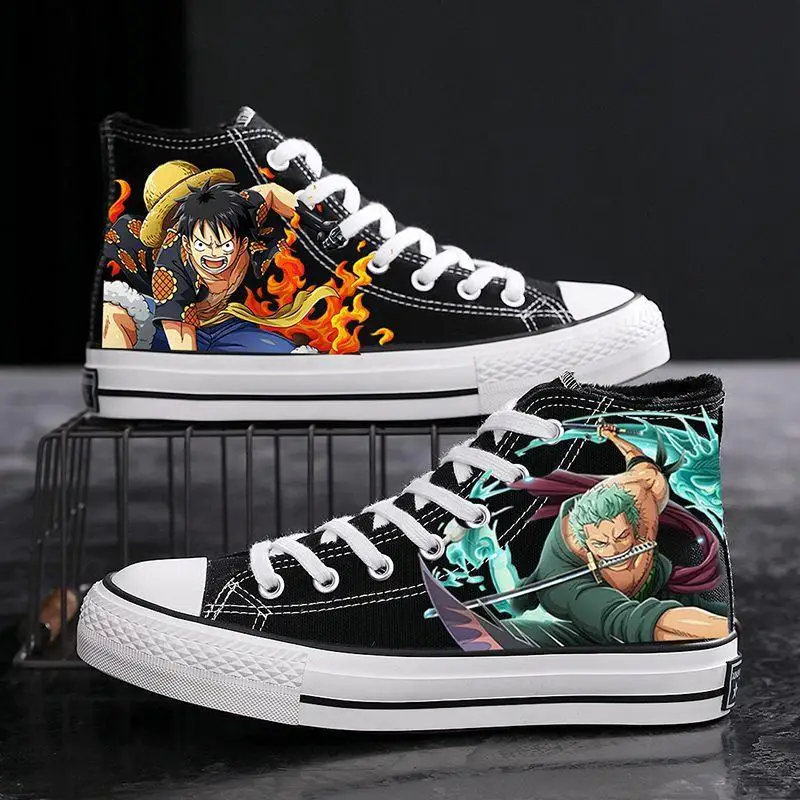

New One Piece Anime Shoes Trend High Top Canvas Shoes Men's Luffy Sauron Ace Couples Casual Shoes Graffiti Lace-up Cloth Shoes