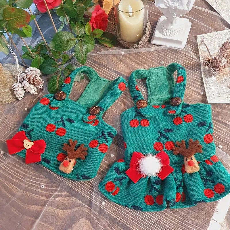 Pet Christmas Green Red Cherry Elk Knit Design Couple Suspender Skirt Clothes Cats Dogs Outdoor Warm New Year Clothes