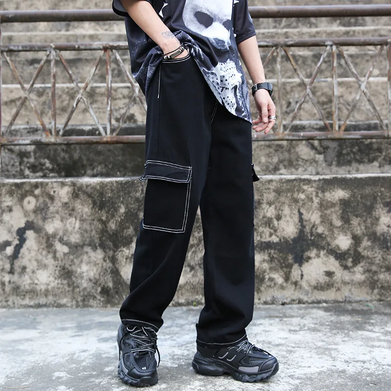 Mens Baggy Pants Cargo Jeans Korean Men Fashion Large Pocket Open Line Jeans Loose Straight Fashion Lace up Men's Wide Leg Pants