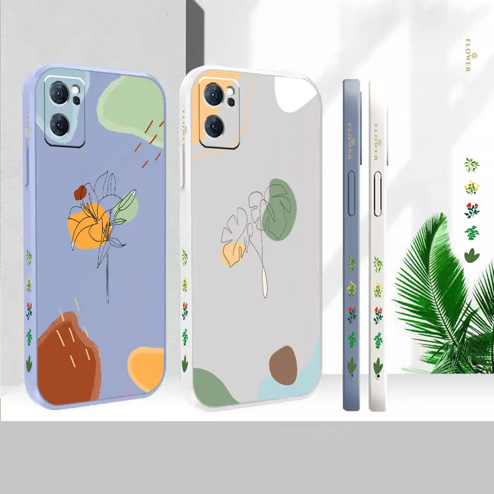 

Liquid Silicone Case For Oppo Reno 9 8 7 7SE 6 5 4 4SE 3 Pro Plus 4G 5G Cover Abstract Line Art Sketch Flower Colour Funda Cqoue