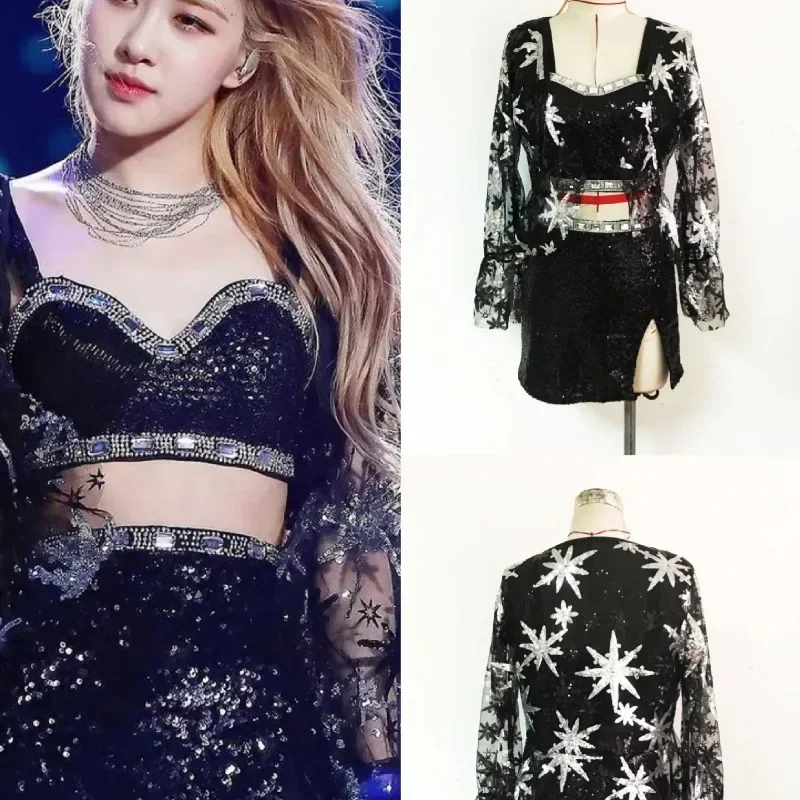 

Летние женские блестящие Топы Kpop в Корейском стиле группы розы для сценических танцев, джазовая Одежда для танцев, юбка с блестками, сексуальный женский бюстгальтер-жилет