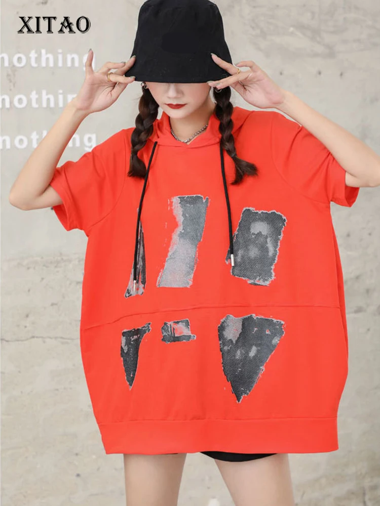 

XITAO Print Casual T-Shirt Women Korea 2022 Summer New Personality Fashion Loose Hooded Collar Short Sleeve T-Shirt WMD5864