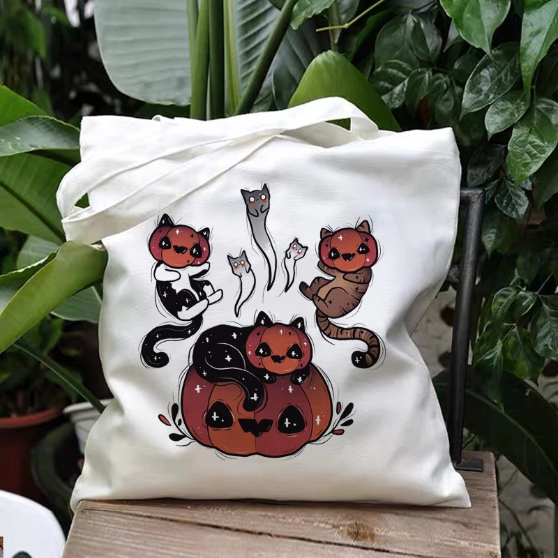 

Reusable Shopping Bag Fashion Women Canvas Tote Bags Pumpkin Cat Printing Bag Cartoon Bolsa De Compras Shopper Shoulder Bags