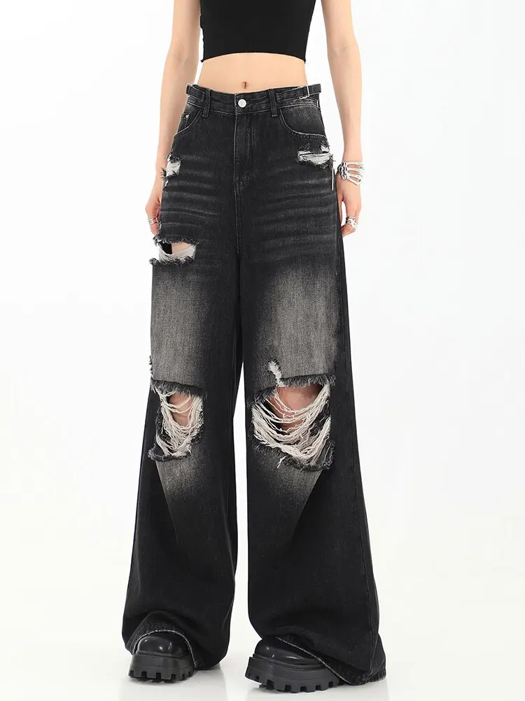 

Женские винтажные джинсы в уличном стиле, черные мешковатые джинсы в Корейском стиле с завышенной талией, широкие брюки в стиле оверсайз, брюки из денима, одежда Y2K Alt