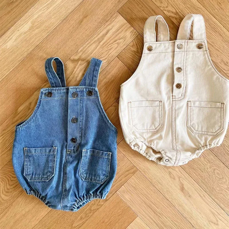 

Korean Spring Summer Baby Denim Strap Pants Newborn Boy Girls Fashion Casual Overalls Infant Toddler Jumpsuit Solid Pocket Jeans