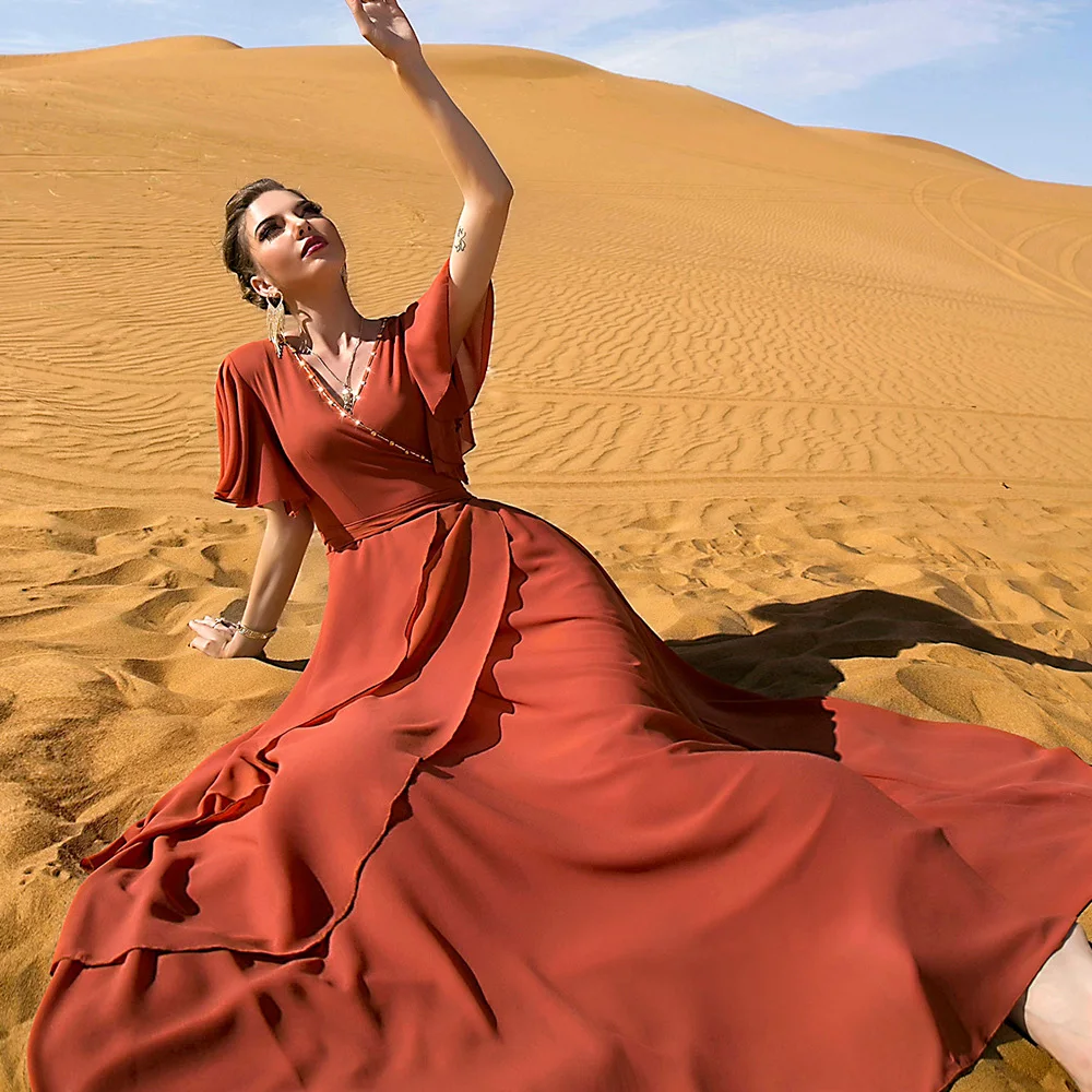 

Elegant Solid Maxi Dresses For Women Summer 2022 Chiffon Short Sleeve Female Robe On Sales With Free Shipping Plus Size Clothing