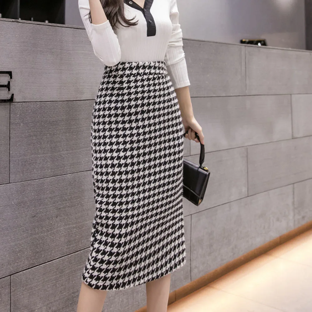 

Womens Skirts Winter Vintage Houndstooth Office Ladies Long Pencil Skirt Back Split Elegant Mid-long Business Wool Blends Skirts