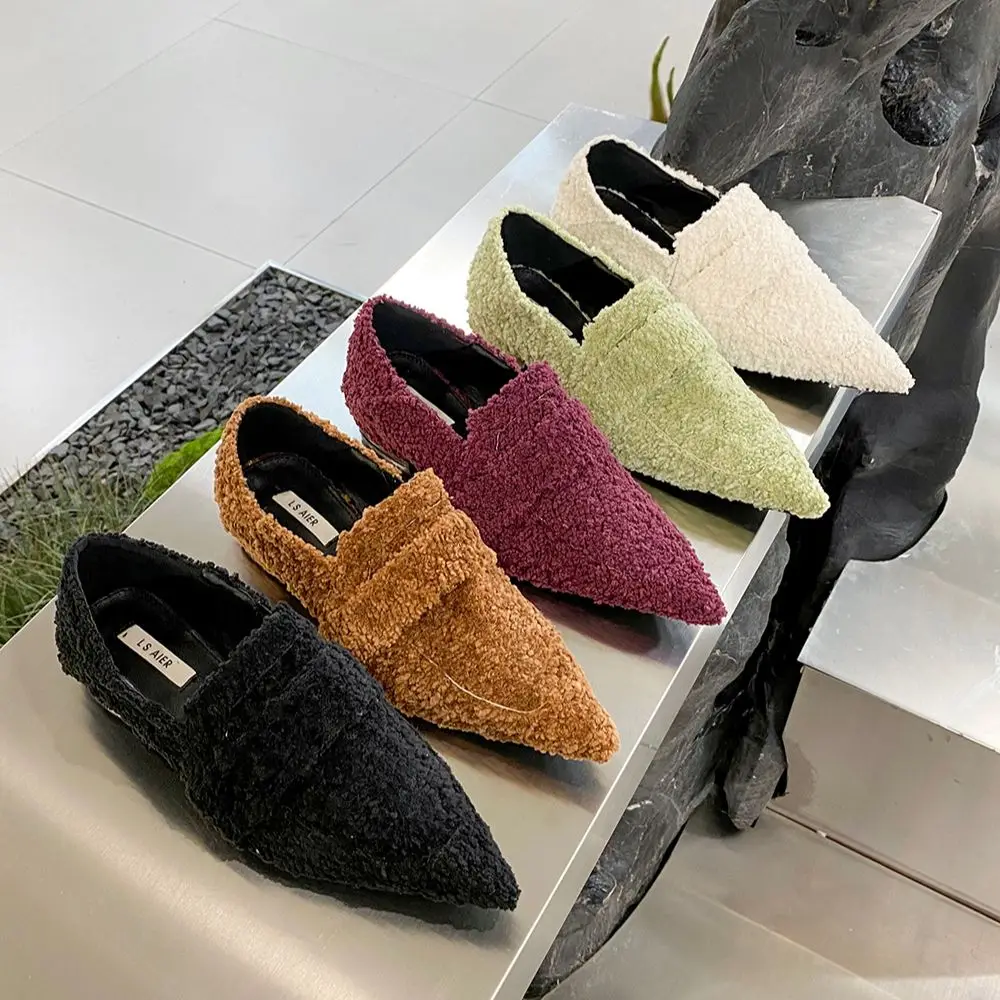 

Pointed Toe Women Flats Loafers 2022 New Women Fur Dress Shoes Flat Heeled Dance Shoes Woman Black Brown Wine red Green White