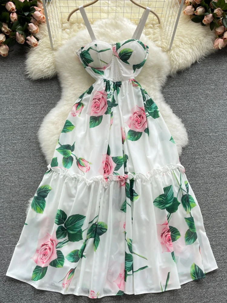 

FTLZZ New Summer Sexy Women Spaghetti Strap Midi Dress Casual Female Floral Print Dress Holiday Beach Fairy Dress