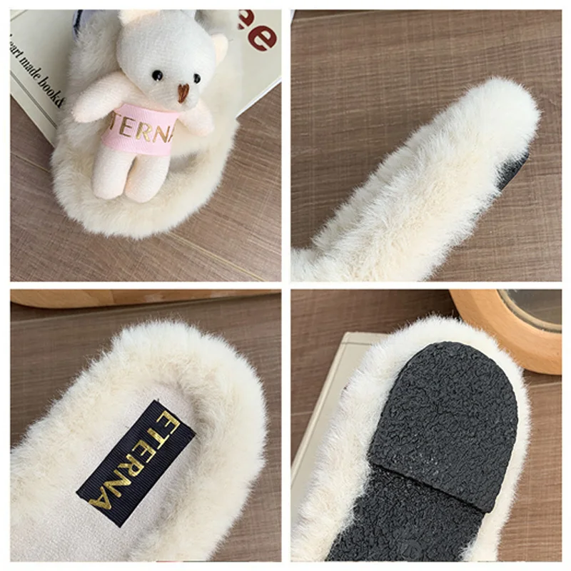 Hairy Slippers Women's Korean Version Cute Bears Flat Heels Flat-bottomed Flip-flops Outside Wear Household Cotton Slippers Wome