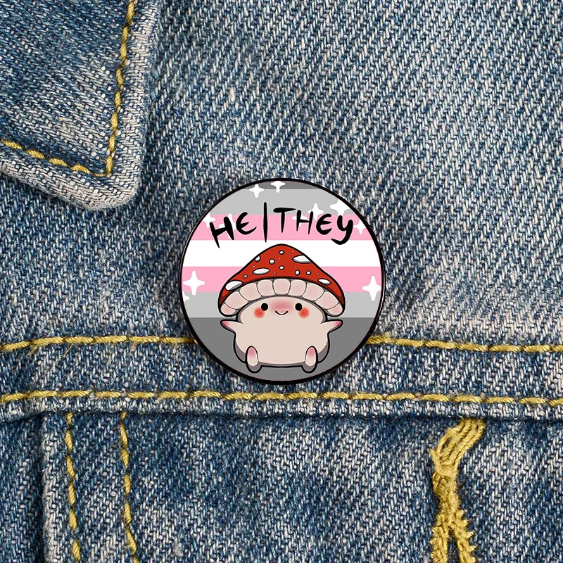 

Demigirl pride He Him Mushroom pronoun Pin Custom cute Brooches Shirt Lapel teacher tote Bag backpacks Badge gift pins for women