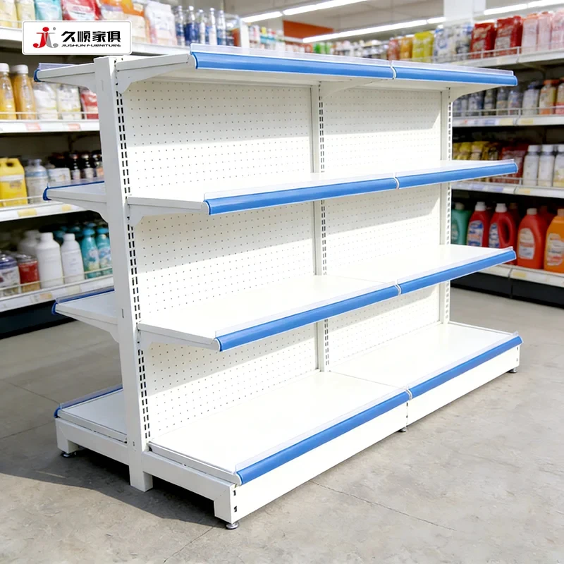 Фото Металлические двухсторонние стеллажи для супермаркетов Custom.JIUSHUN White Gondola Estantes Display Grocery Retail №5