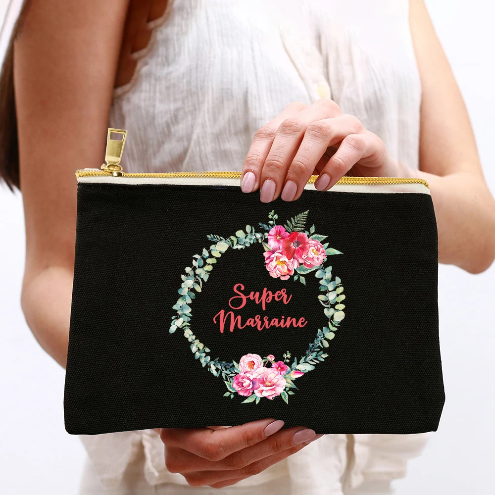 

Super Marraine Print Makeup Bag Black Canvas Cosmetic Cases Fashion Makeup Zipper Pouch Female Handbag Organizer Toiletry Pouch