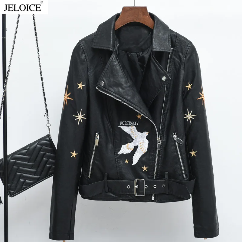 2023 new embroidered women's leather clothing spring and autumn wear belt leather coat slim motorcycle lapel leather jacket