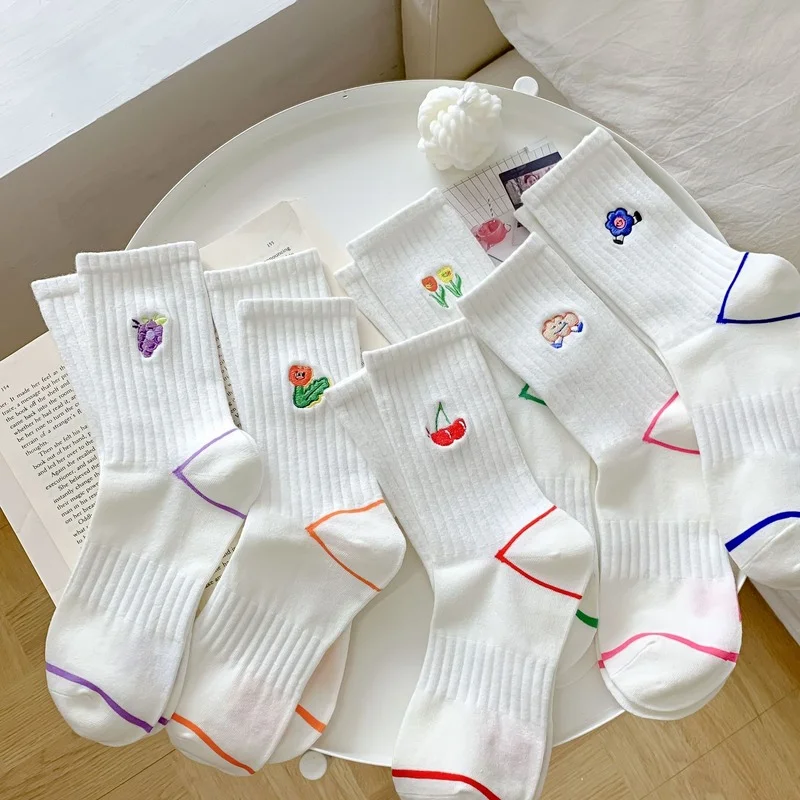 

Kawaii Embroidery Women Ribbed Socks Sweet Korean Fashion Cute Cotton Sock Woman White Long Girls Sock Spring Autumn Soft Sock