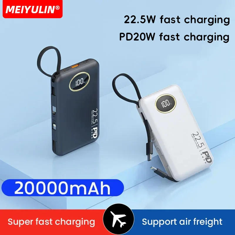 Портативный внешний аккумулятор большой емкости 20000 мАч с кабелем USB C 22 5 Вт