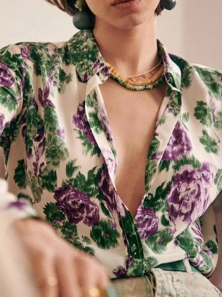 

Женская блузка с длинным рукавом и отложным воротником, Повседневная однобортная рубашка из 100% шелка с цветочным принтом в стиле ретро, лето 2023