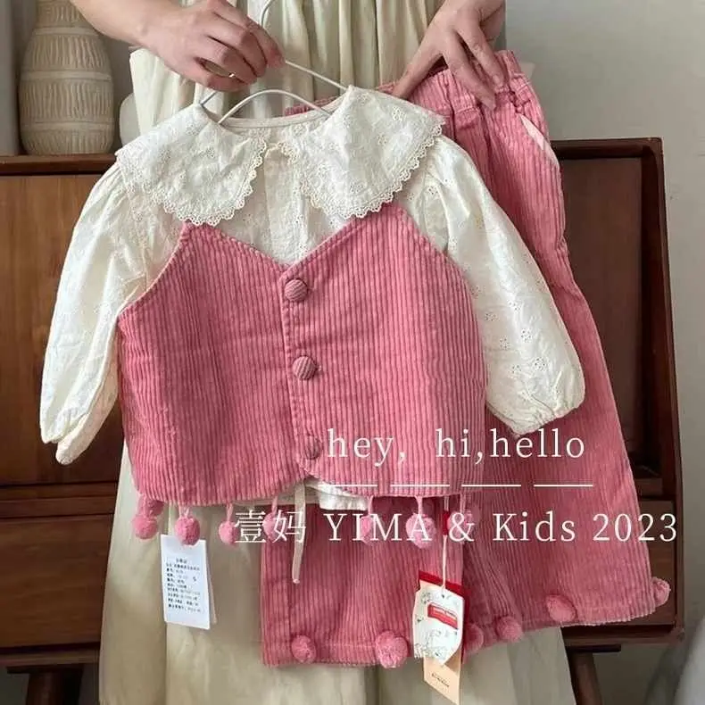 Children Clothing Girls Spring Autumn Suit 2023 New Fashionable Solid Color Lace Shirt Corduroy Pink Vest Pants Three Piece Set