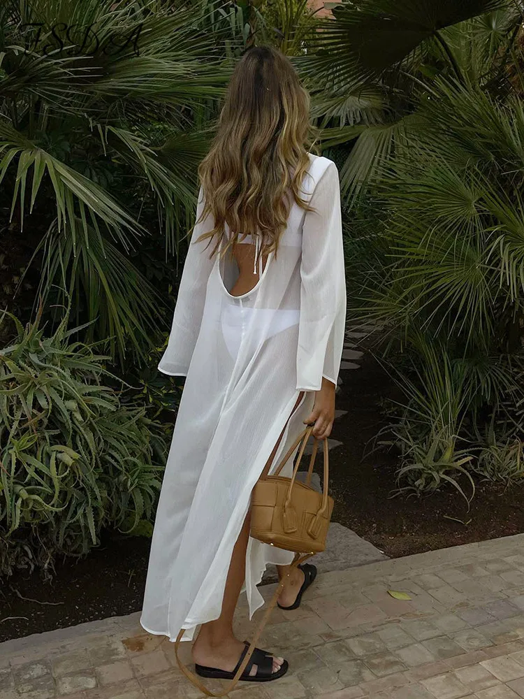 

FSDA 2022 Платье макси с открытой спиной, женские прозрачные летние пляжные платья с длинным рукавом, Сексуальная Повседневная Праздничная Клу...