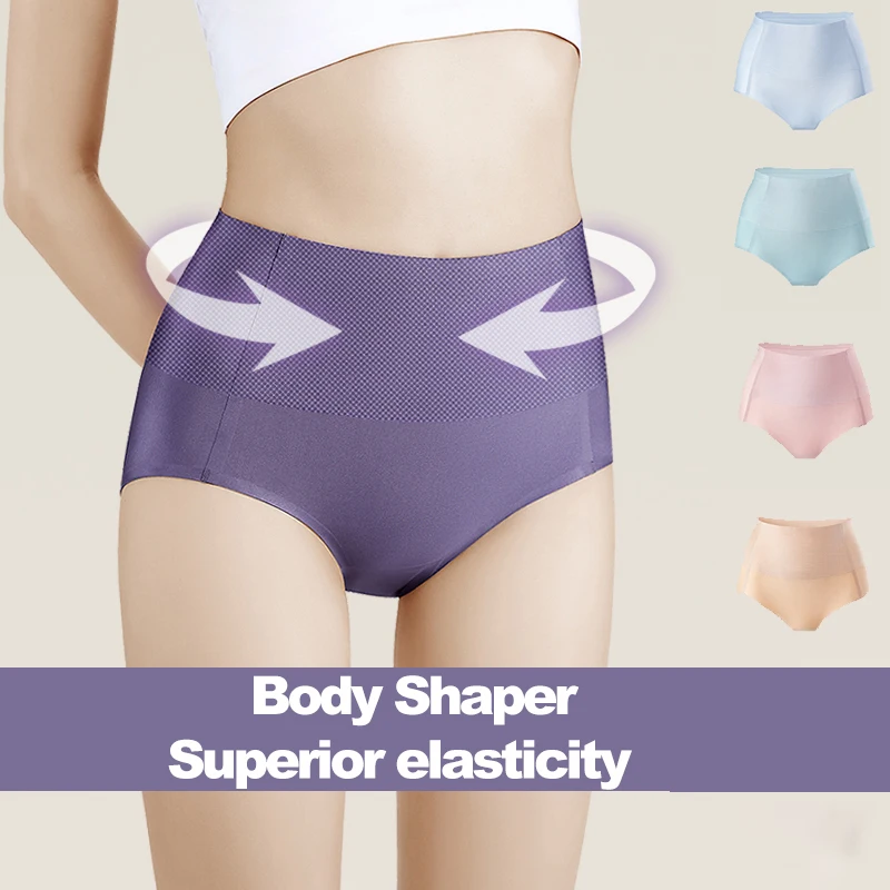 

High Waist Underwear Women Ice Silk Seamless Panties Antibacterial Crotch Body Shapewear Elastic Breathable Soft Ladies Briefs