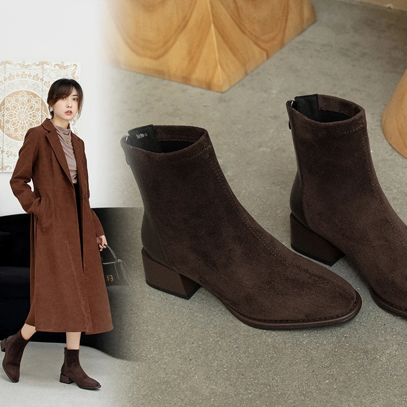 

NewCurve Antumn & Winter Chelsea Boots Cow Leather Square Toe Thick Sole Zipper Concise Ladies Dating Ankle Boots