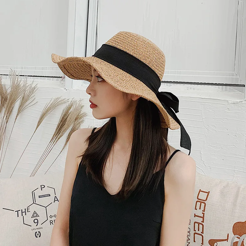 Women Summer Natural Hat Girl Fashion Ribbon Floppy Shading Panama Wide Brim Sun Hats Vacation Travel Beach Straw Hat Bow