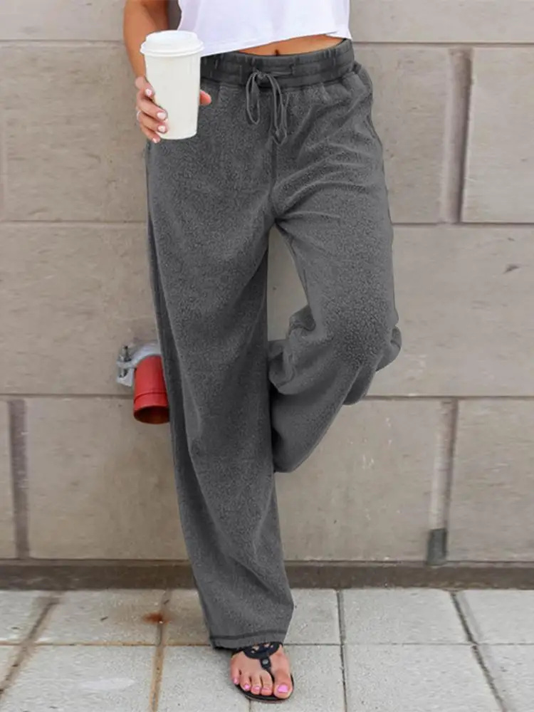 

Fashion ZANZEA Women Fleece Wide Leg Pants 2022 Spring Loose Pantalon Palazzo Oversized Casual Solid Elastic Waist Pants Trouser