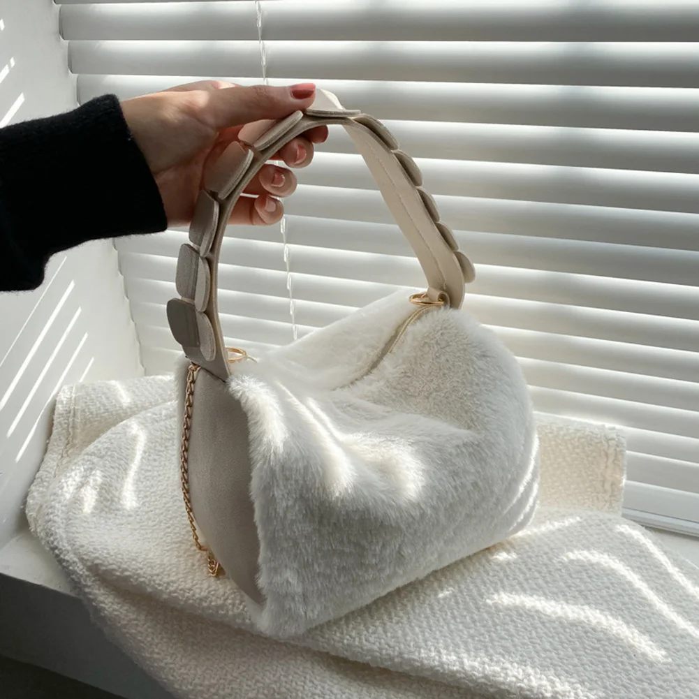 

Women Plush Solid Color Shoulder Bag Female Winter Warm Fabric Shopping Bags Fluffy Crossbody Bags Autumn Winter Plush Purse