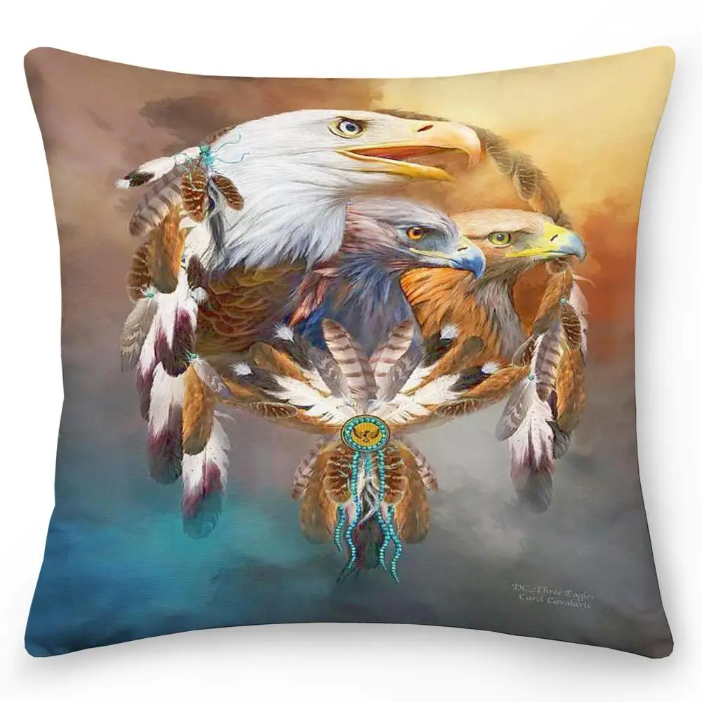 Двухсторонний чехол с изображением Ловца снов волка орла подушки персиковая