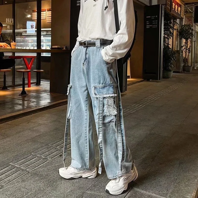 Blue Black Pocket Cargo Jeans Men Fashion Casual Wide Leg Jeans Mens Streetwear Loose Hip Hop Straight Hole Denim Pants Men