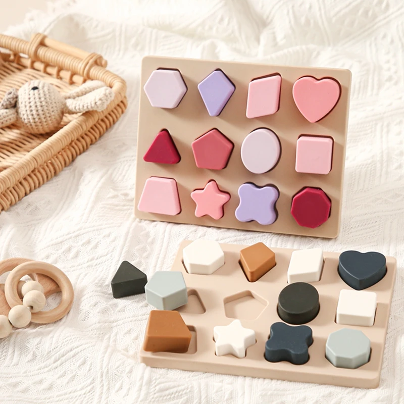 

Montessori Silicone Toys 3D Puzzle Colorful Stacking Blocks Geometric Baby Educational Toys Cognitive Ability Learning For Kids