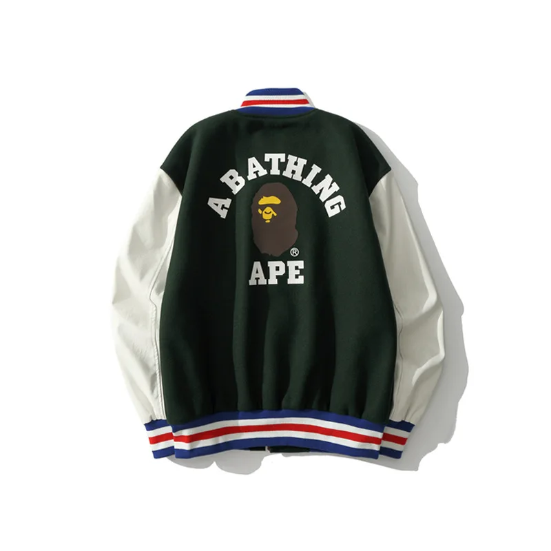 

Шерстяная бейсбольная куртка Bape с вышивкой и кожаным рукавом