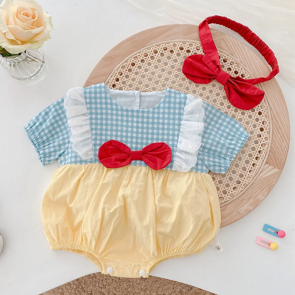 Newborn Baby Girl Summer Clothes Cotton Plaid Patchwork Princess Birthday Infant Rompers With Headband