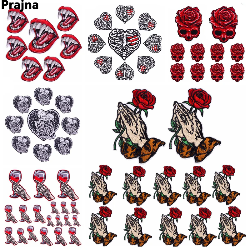 

10PCS Punk Patches Rose Finger Skull Embroidery Patch Iron On Patch For Clothing Punk Patches On Clothes DIY Flame Letter Badges