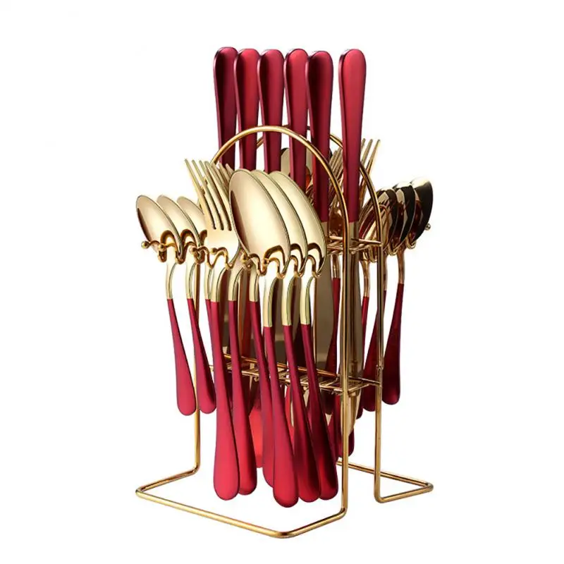 

24pcs Western Dinnerware Set Stainless Steel Cutlery Set Fork Knife Spoon Tableware Set Titanium Flatware Gift With Shelf
