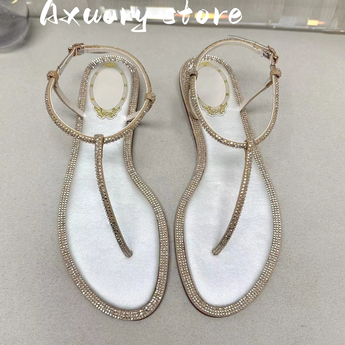 New Black Genuine Leather Toe Crystals Sandals Leisure Beach Flats Rhinestones Shoes For Women Fashion