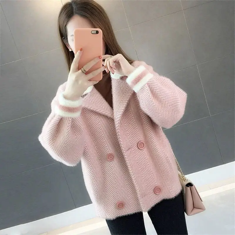 Women's Short Section Pretty Herringbone Wool Jackets Fashion Double Breasted Spring Coats Female Sweater Knitted Mink Jacket