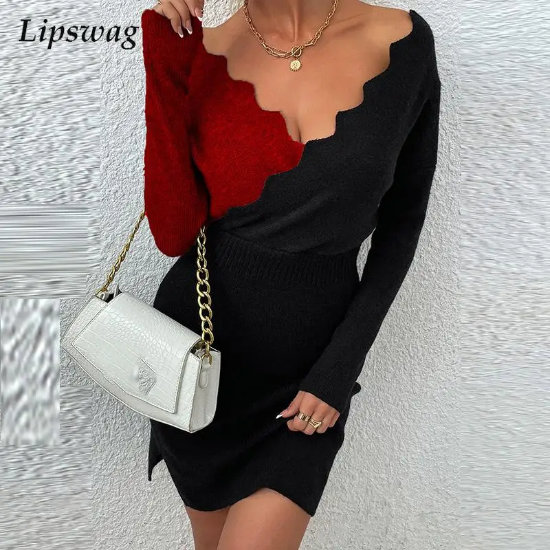 

Autumn New Casual Patchwork Print Party Dress Women Fashion Long Sleeve Slim Dress Office Lady Elegant V Neck Loose Hollow Dress