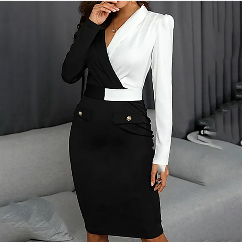 

Women Elegant Bodycon Dress Long Sleeve White Patchwork Casual Work Office Lady Stretch Slim Pencil Sheath Professional Vintage