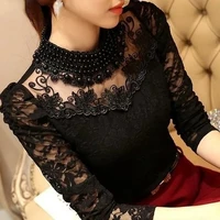 elegant long sleeve bodysuit beaded women lace blouse shirts crochet tops blusas mesh chiffon blouse female clothing