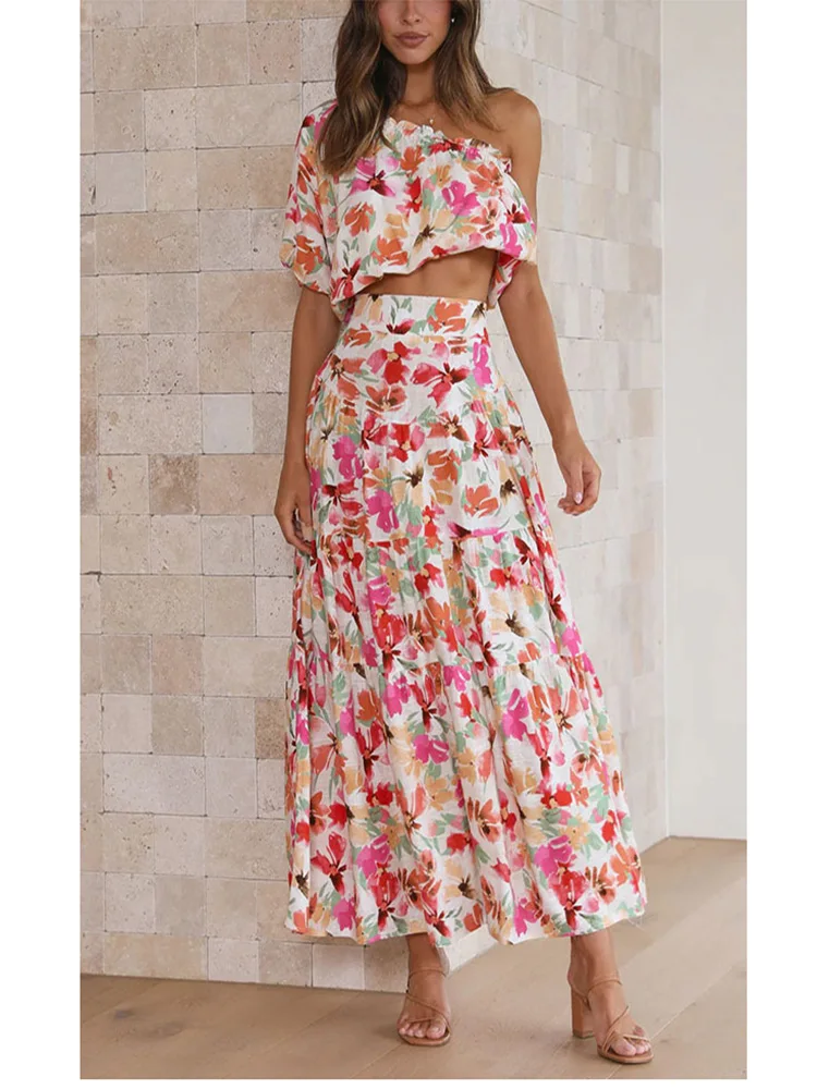 

Summer Women's Short Sleeves Sexy Style Polyester Material 2023 New Fashion Print Pullover Top+Skirt Set