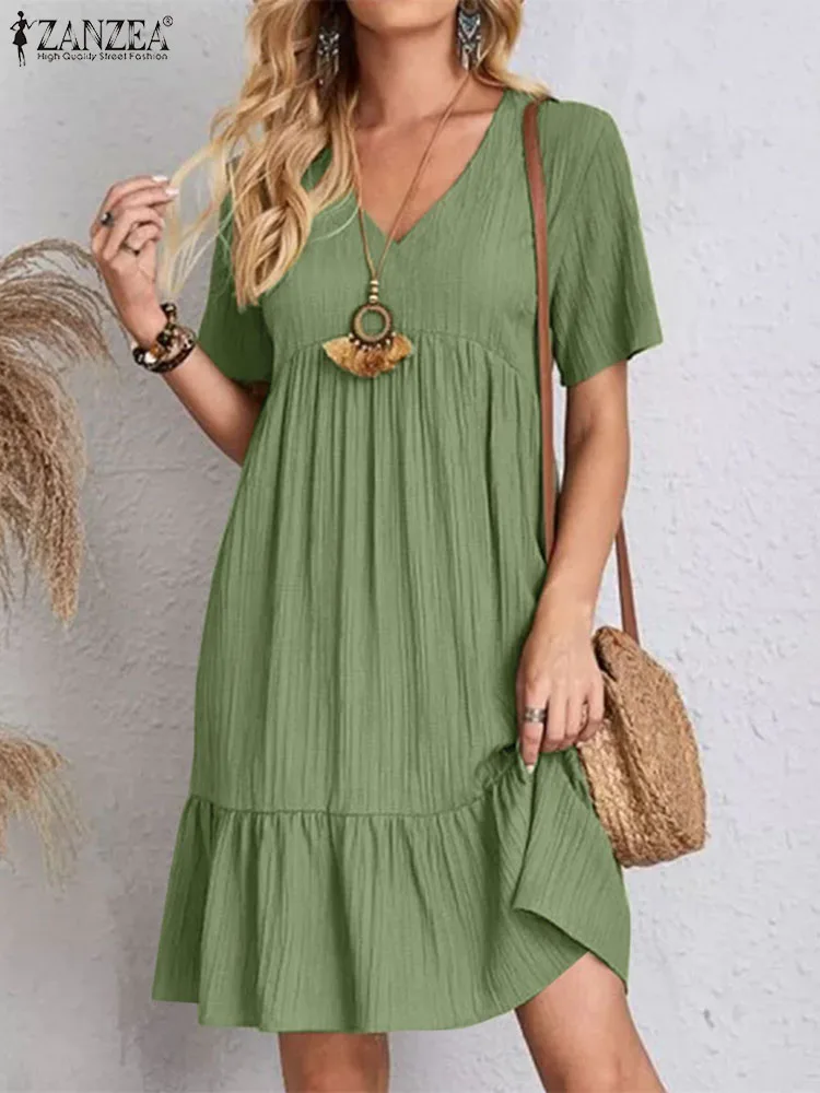 

ZANZEA Summer Dress Women V Neck Short Sleeve Casual Ruffles Sundress Bohemian Party Dresses Female Flounce Knee-length Vestido