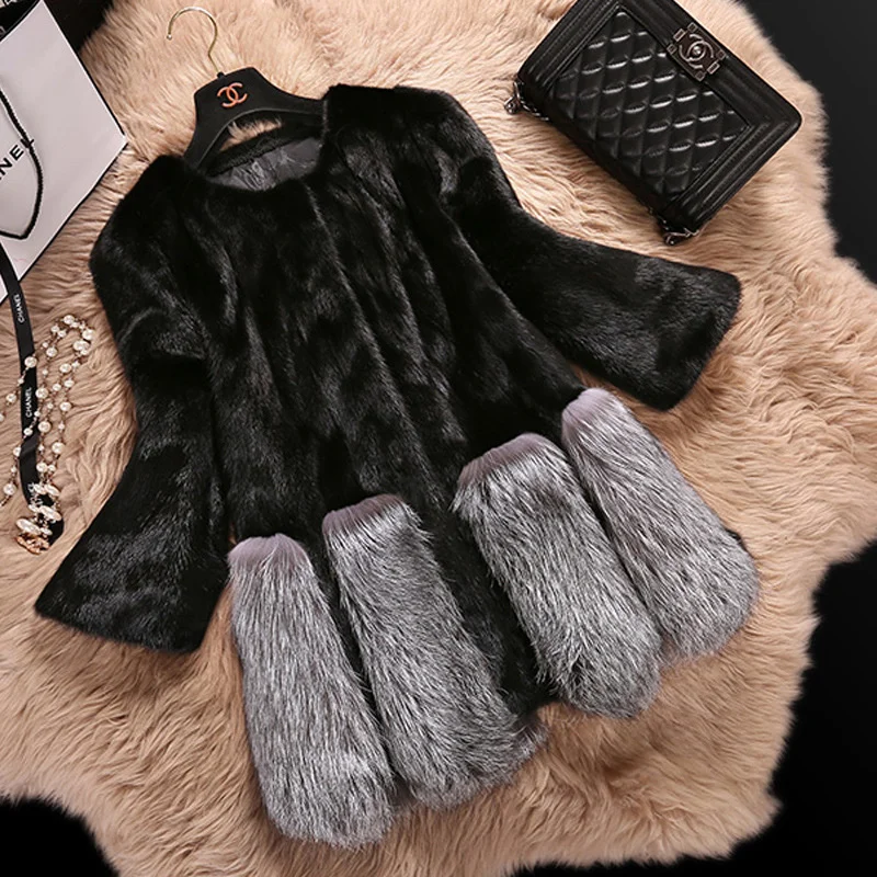 ICCLEK Imitation mink fur coat women's round neck slim fitting Haining fox hair medium length coat
